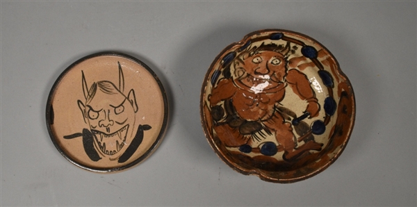 2 Japanese Oni or Demon Pottery Pieces