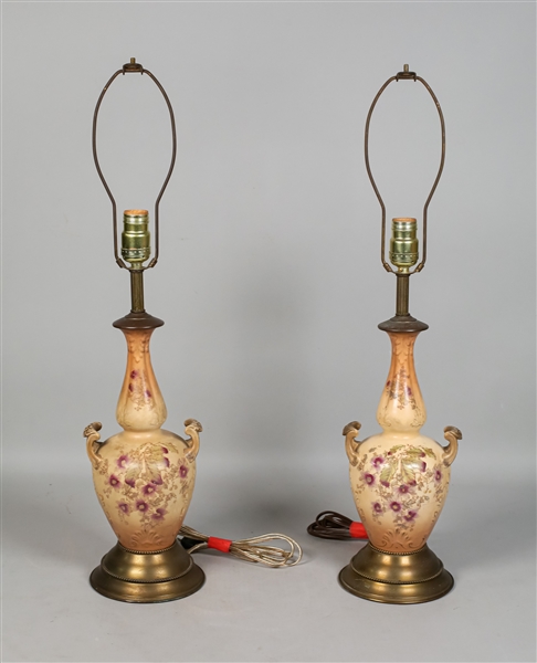 Pair Porcelain Urn Lamp on Brass Base