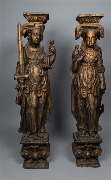 2 17th Century Gilt Wood Greek Goddess Statues