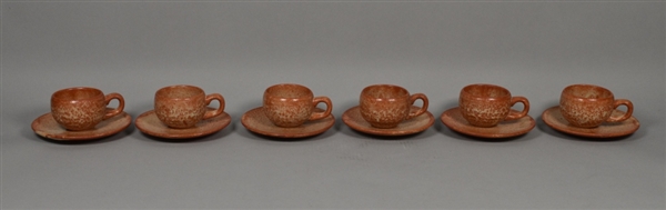 6 Mino Tea Cups and Saucers, Red Shino Glaze