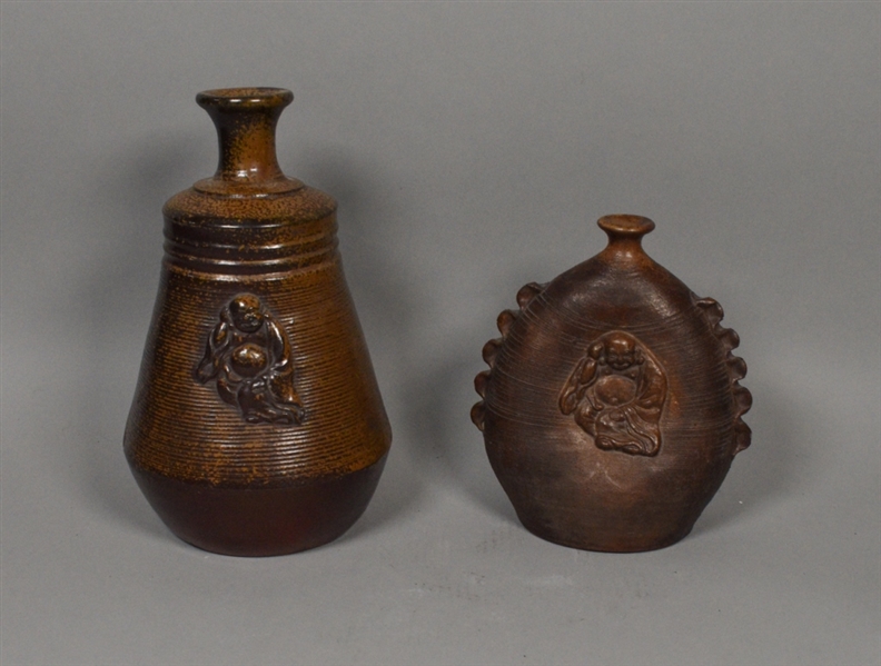 2 19th Century Bizen Vases with Hotei Figure