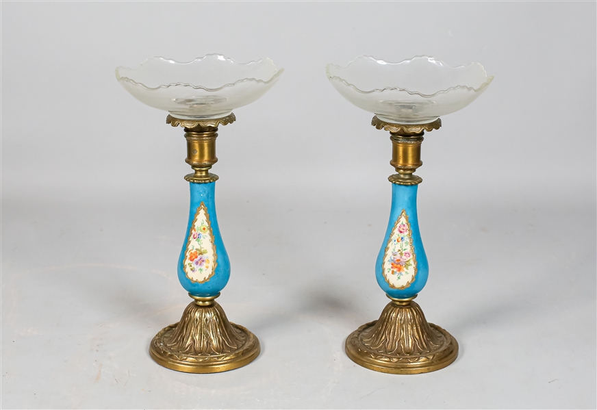 Pair of Bronze and Porcelain Candle Holders