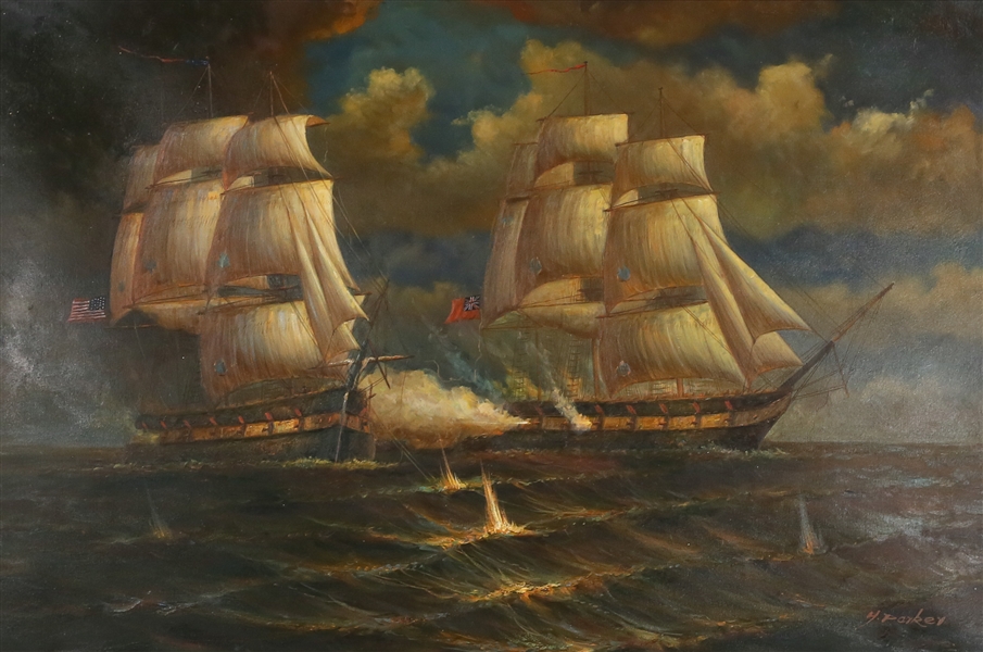 H. Parker Oil on Canvas Clipper Ship Battle