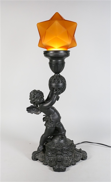 Metal Cherub Table Lamp With Torch Shade
